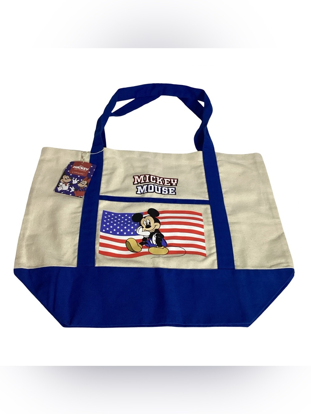 Primark Disney Mickey Mouse on American Flag Cream & Blue Cotton Canvas Tote Bag